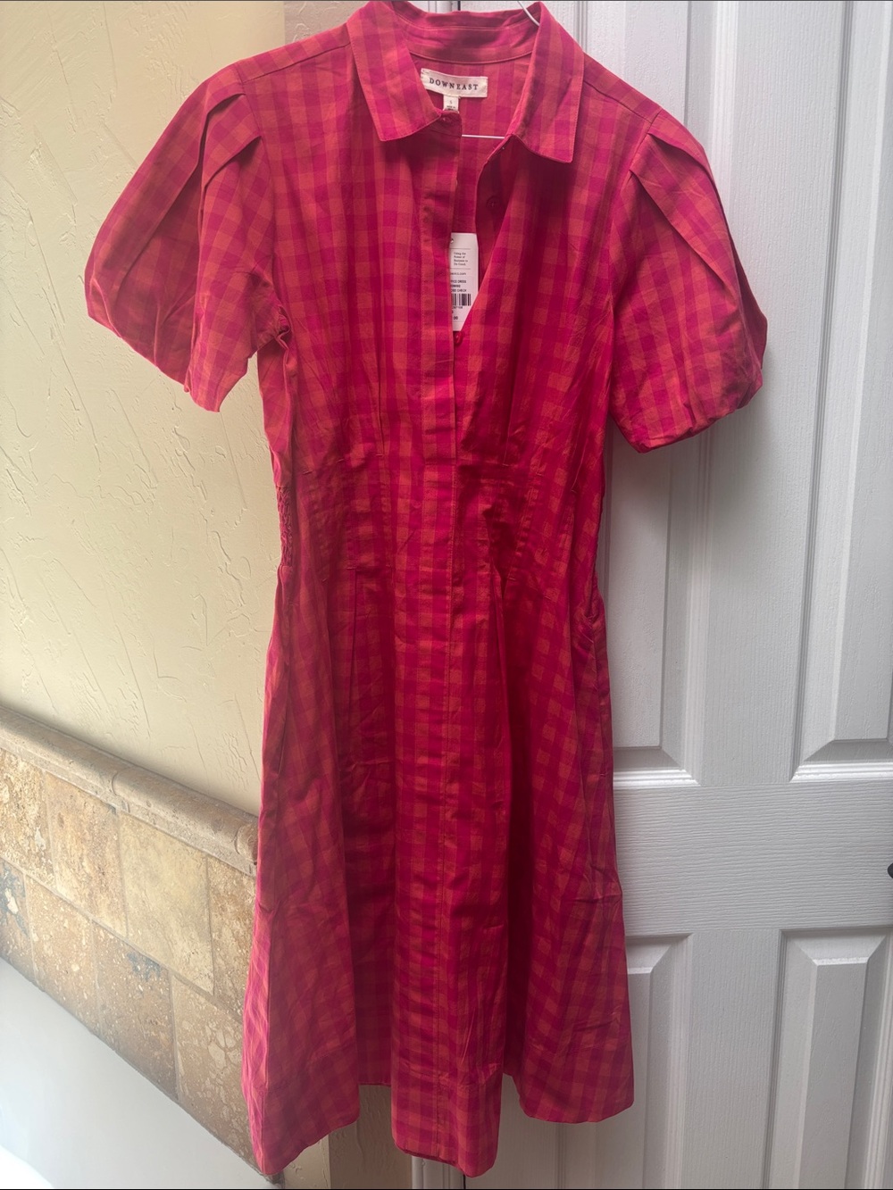 DownEast Red and Pink Plaid Short Sleeve Shirt Dress